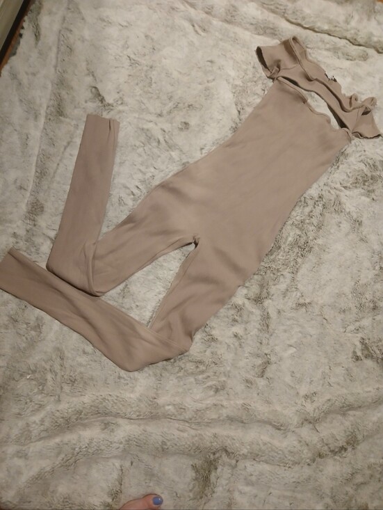 Fashion Nova Pants - Fashion Nova Beige Off-Shoulder Ribbed Jumpsuit